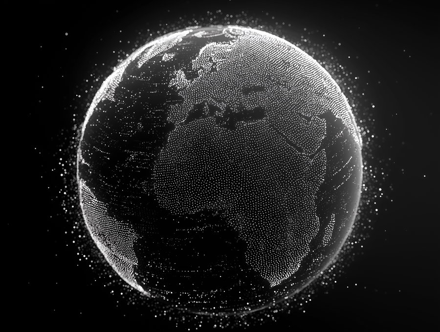 A spherical globe made of numerous small white dots on a black background, representing continents and the Earth's shape with a luminous effect