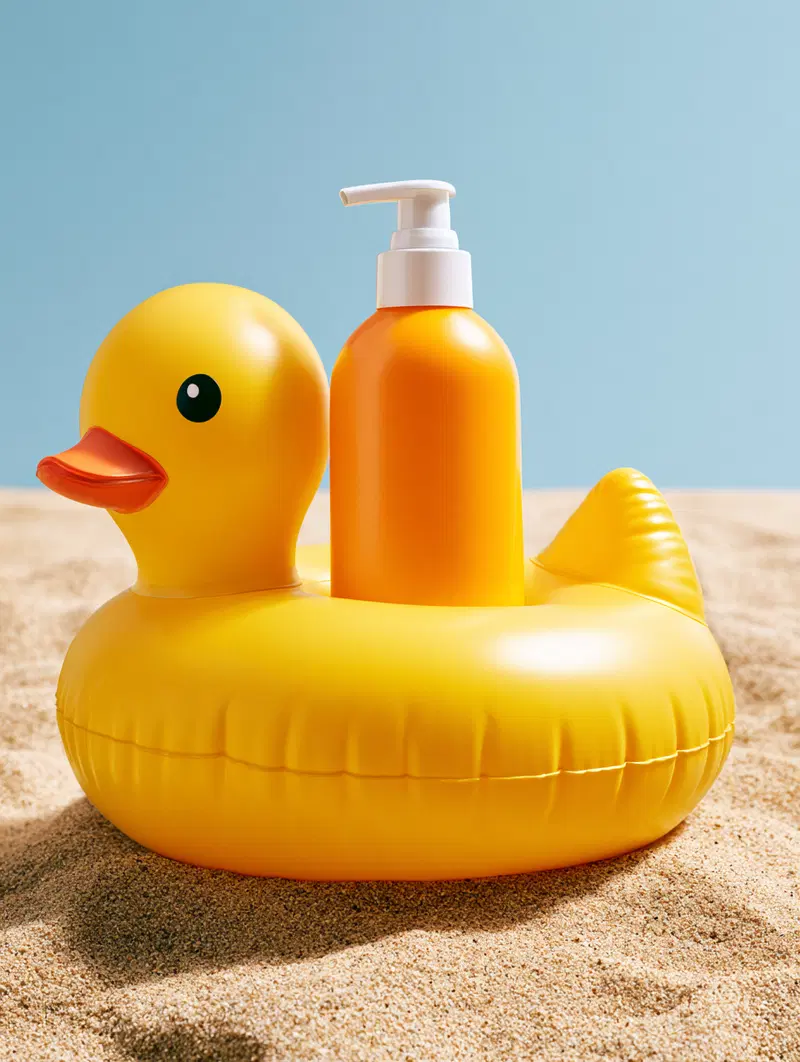 Bright yellow rubber duck float with orange pump bottle on sandy beach