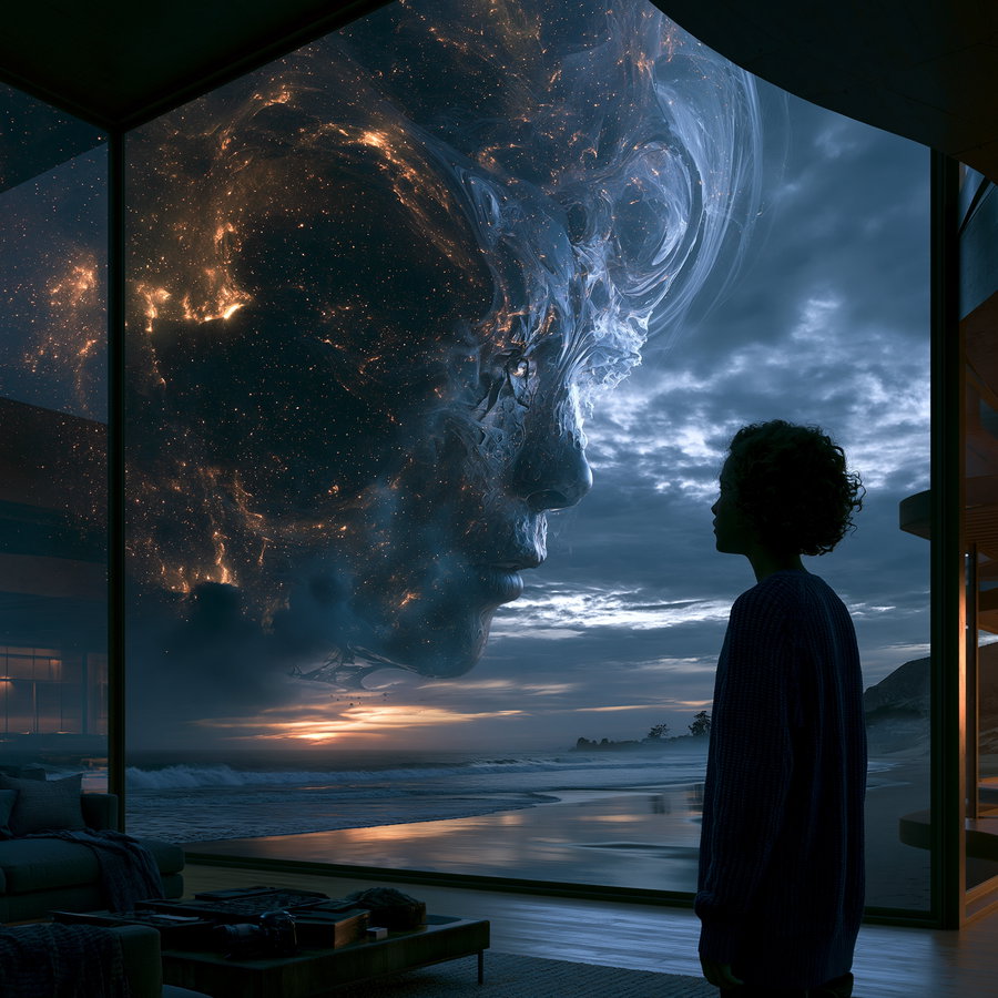 Silhouette of a person inside a modern living room looking through large glass windows at a cloudy sky with a glowing, cosmic face formed by stars and nebulae over a beach at sunset