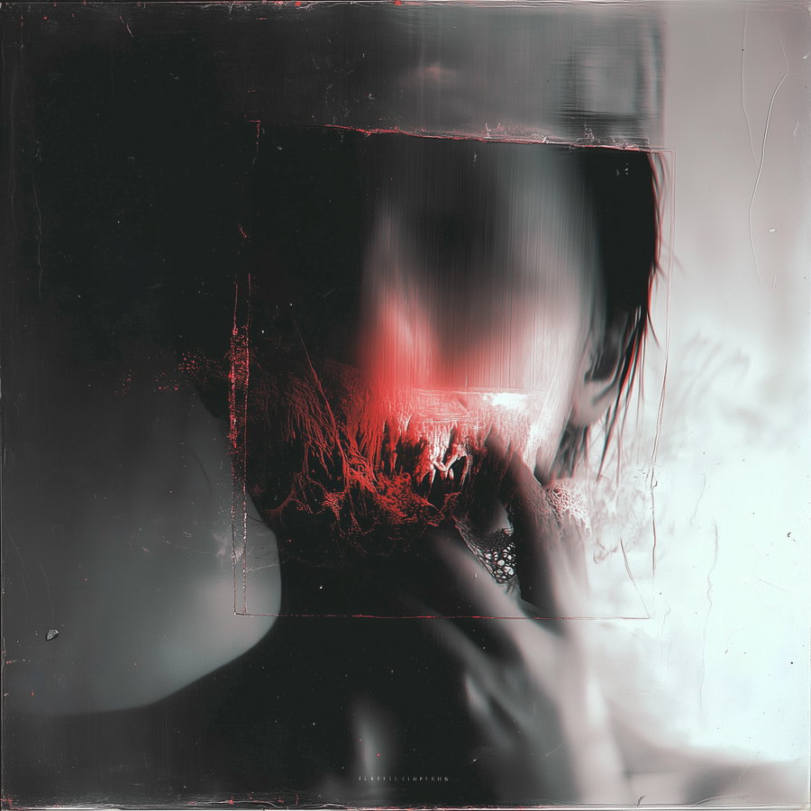 A surreal art piece showing a blurred human face with dark and red hues, featuring textured abstract elements, creating a moody and mysterious atmosphere