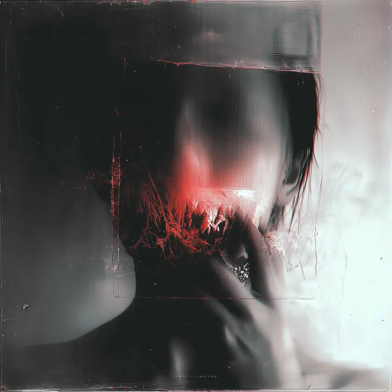 Abstract dark and red hazy distorted portrait art with textured overlay