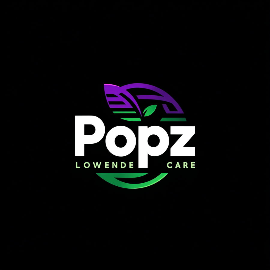 Logo with the word Popz in white bold letters, above the text 'LOWENDE CARE' in light green, surrounded by a circular shape with green and purple leaf patterns on a black background
