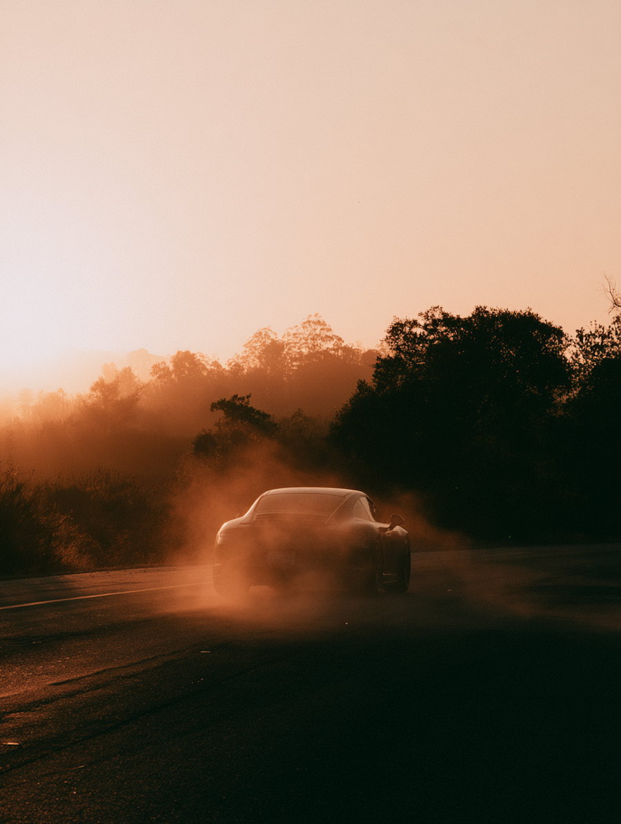 A car driving on a road with dust or mist around it during a warm-toned sunset, with dark trees and foliage in the background
