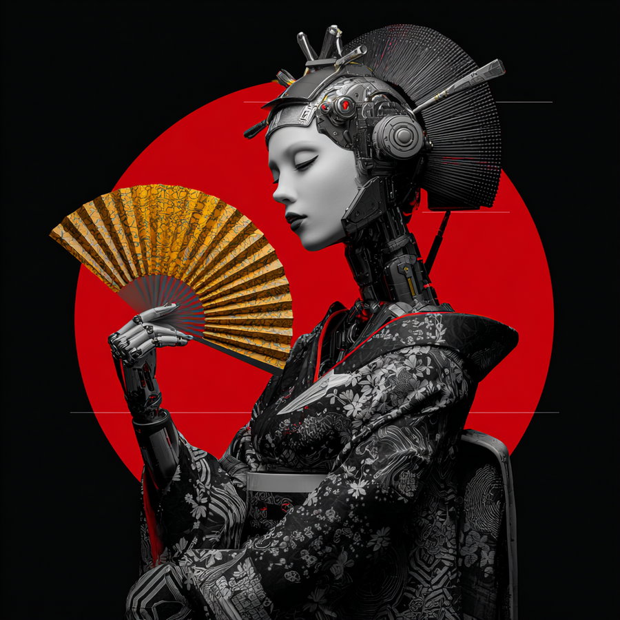 A futuristic robot styled as a geisha wearing a traditional black floral kimono and holding a yellow patterned fan, with a large bold red circle in the background