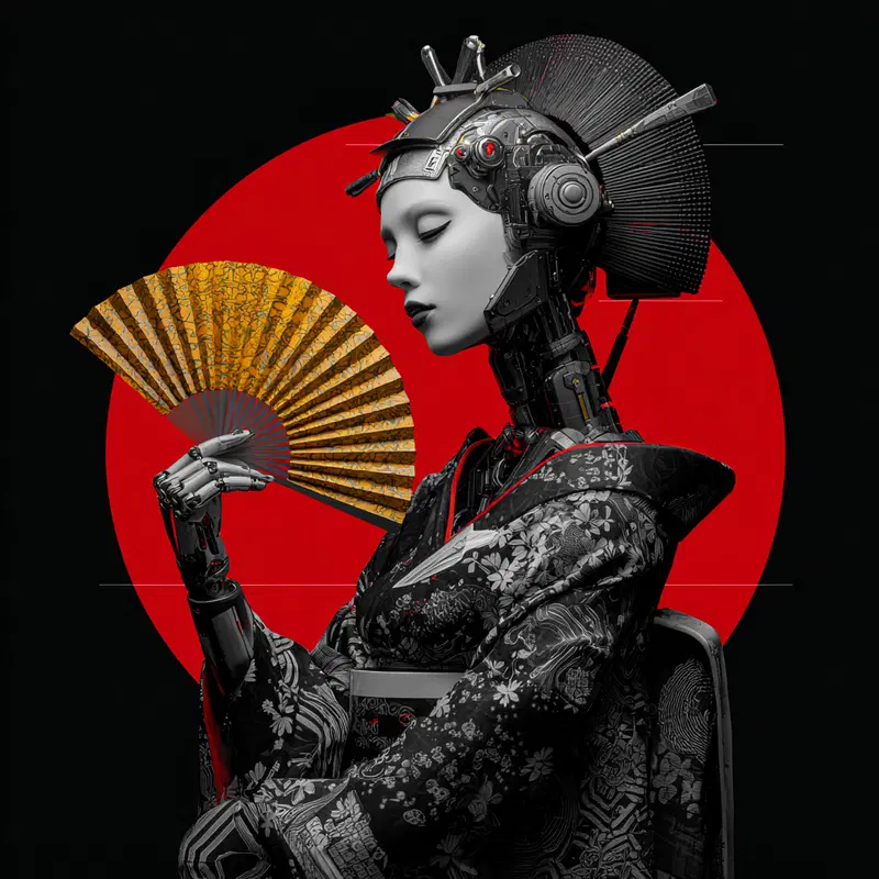 Futuristic Geisha Robot in Traditional Kimono Holding a Fan with Red Circle Background