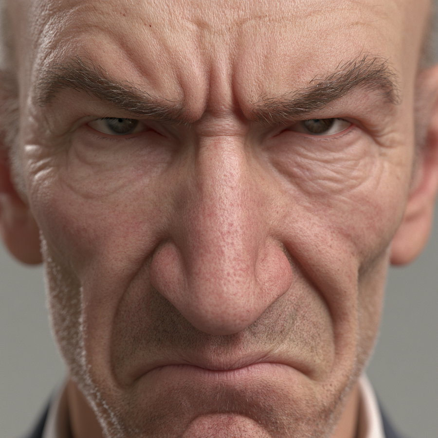 Close-up image of an elderly man with deep wrinkles on forehead and around eyes, showing an intense frowning expression