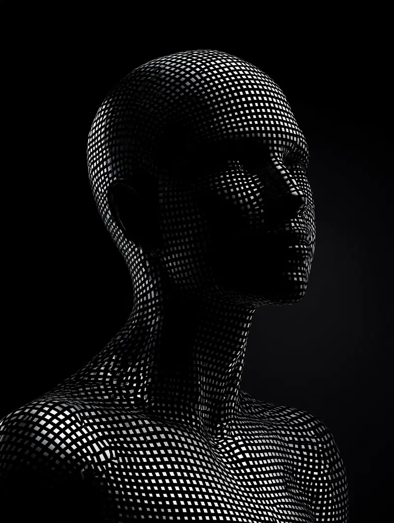 High contrast black and white abstract art of a human figure with grid pattern
