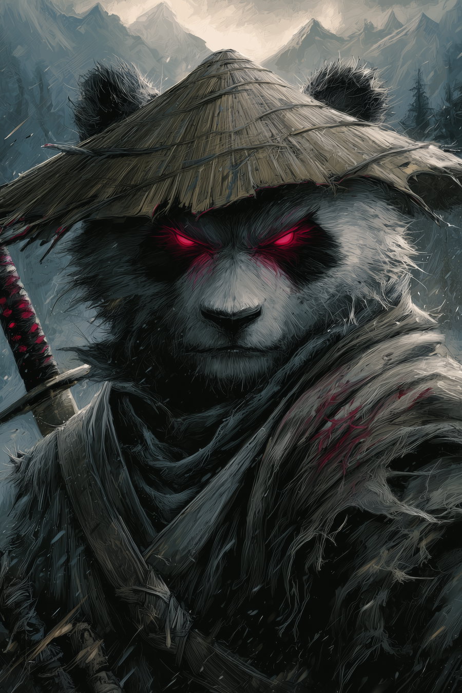A fierce panda warrior with glowing red eyes wearing a bamboo hat and tattered clothes, holding a sword, set against a misty mountainous background