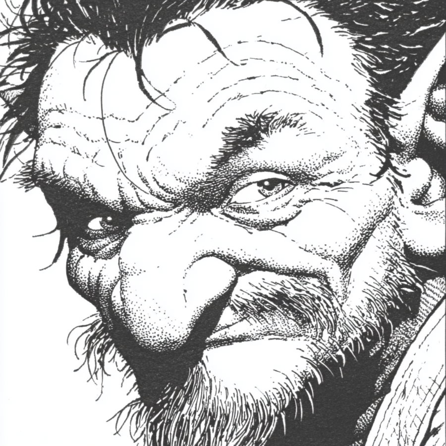 Detailed black and white drawing of a mythical creature with a large nose, intense eyes, and bushy facial hair.