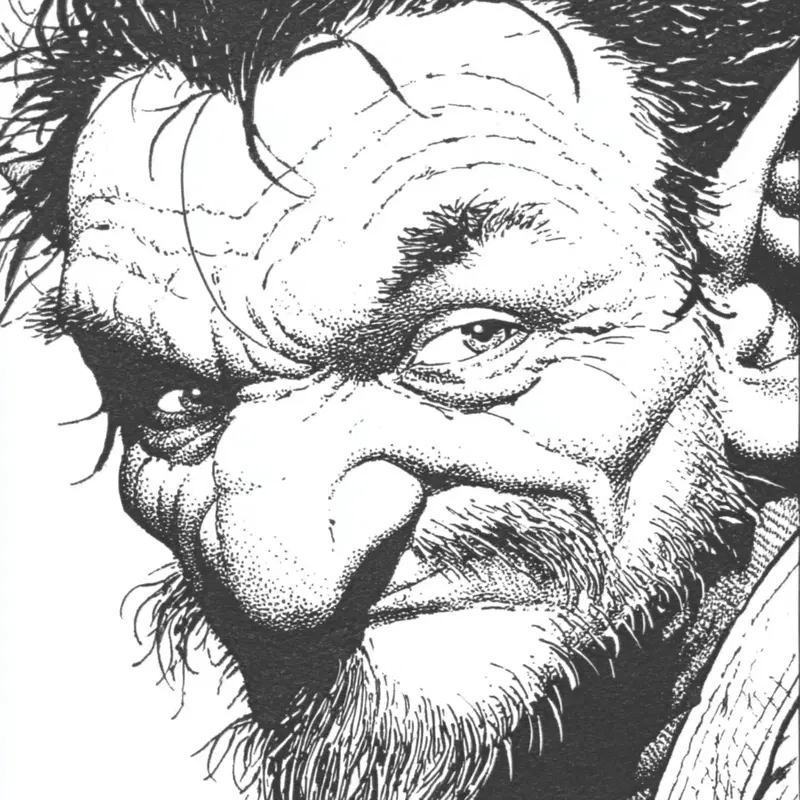 Intricate Black and White Illustration of a Mythical Creature's Face