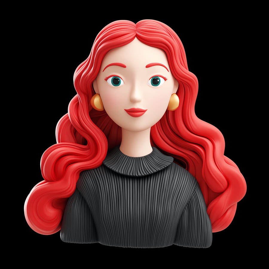 A 3D digital portrait of a woman with long wavy red hair, green eyes, wearing gold earrings and a textured black high-neck sweater, on a black background.