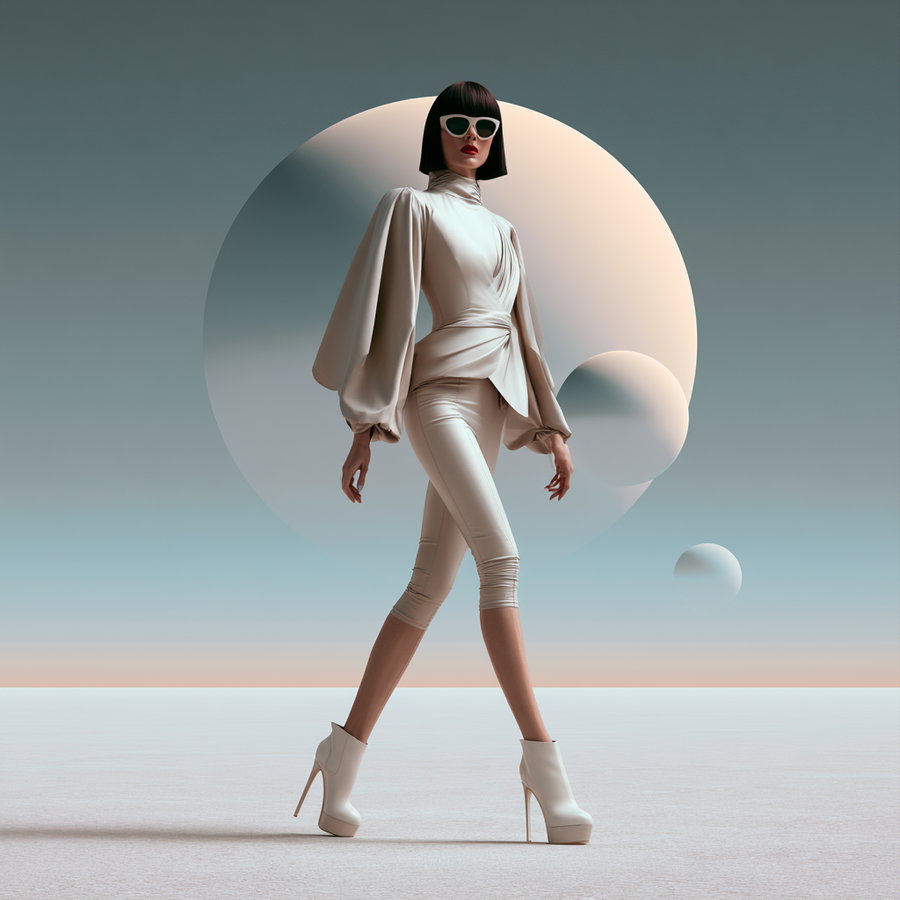 A tall woman in high-heeled white boots, tight white pants, and puff-sleeved blouse, wearing white cat-eye sunglasses and red lipstick, walking on a plain surface with surreal large circular shapes in shades of beige and gray in the background