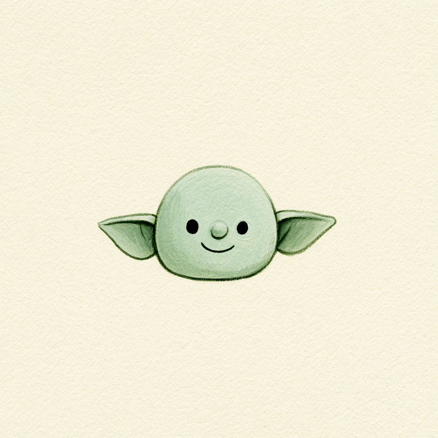A simple and cute drawing of a small green cartoon head with large ears, black eyes, a round nose, and a smiling mouth on a cream textured background.
