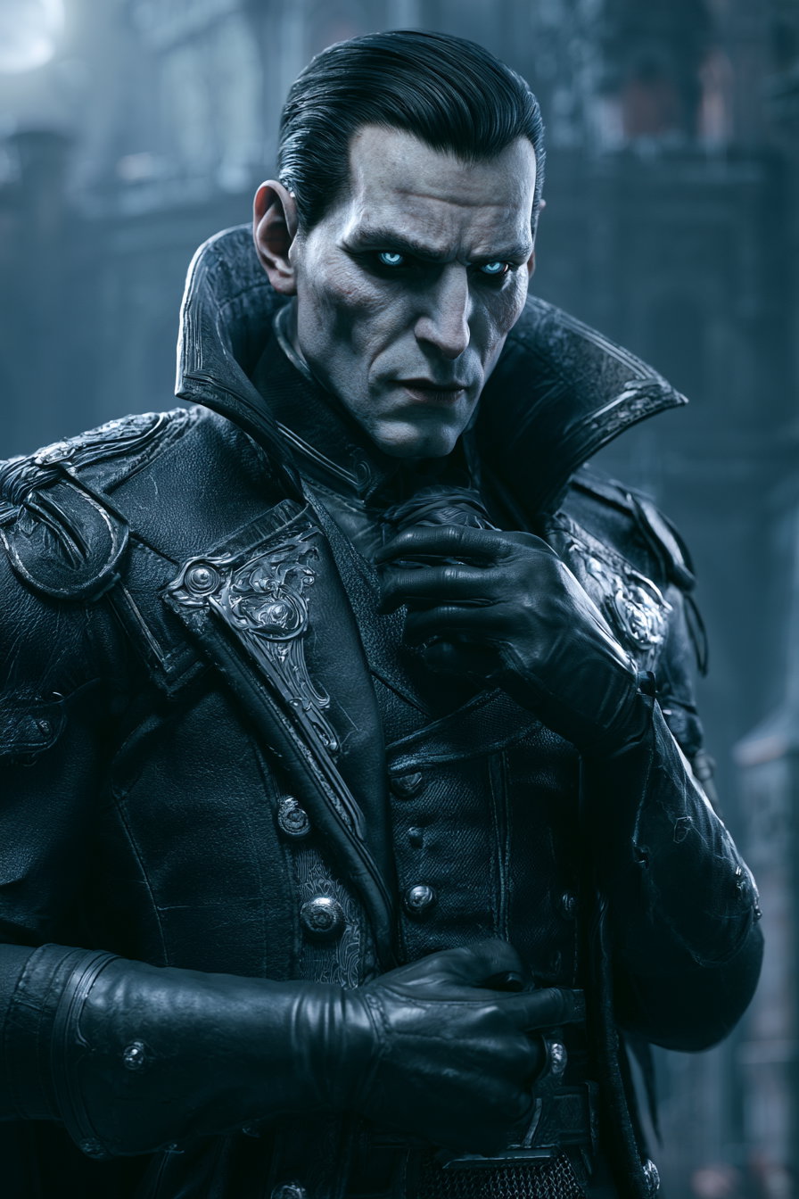 A close-up portrait of a man with pale skin and slicked-back dark hair wearing an ornate black leather coat and gloves, in a moody, dimly lit setting with blurred architecture in the background