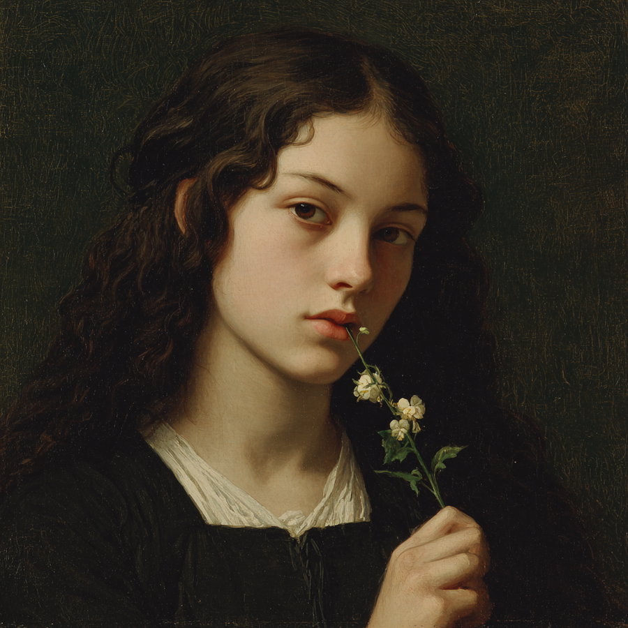 Classical oil painting of a young woman with long dark curly hair holding a small white flower near her lips, dressed in dark clothing with a white collar, against a dark background