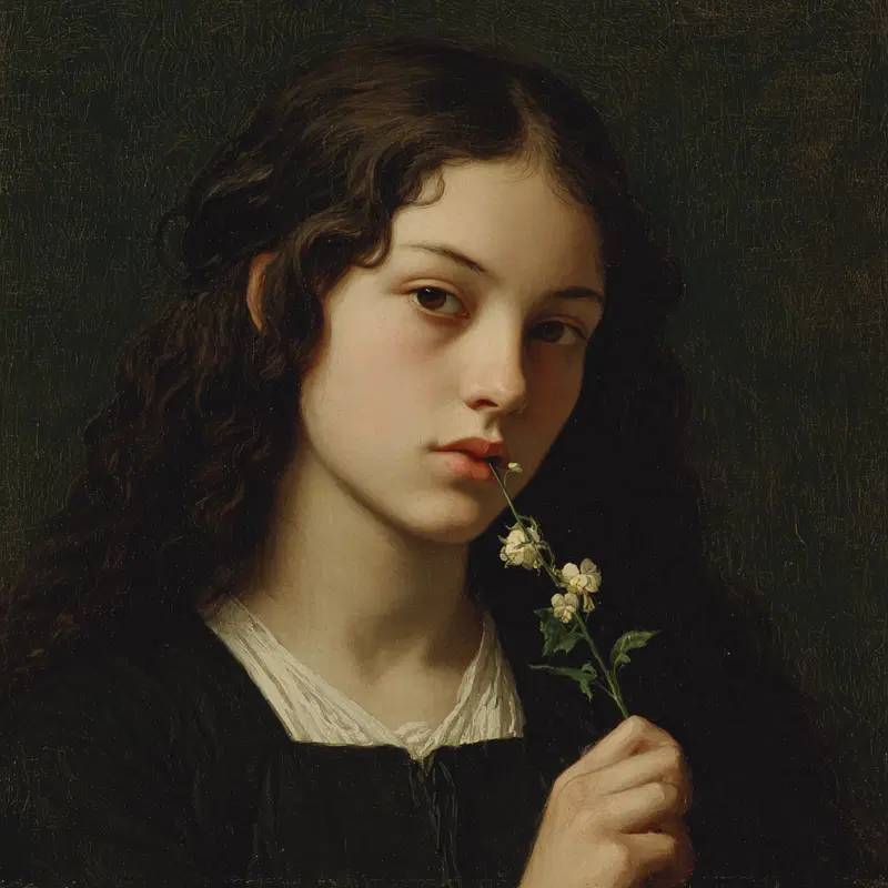 Classical portrait of a young woman holding a small white flower in painting