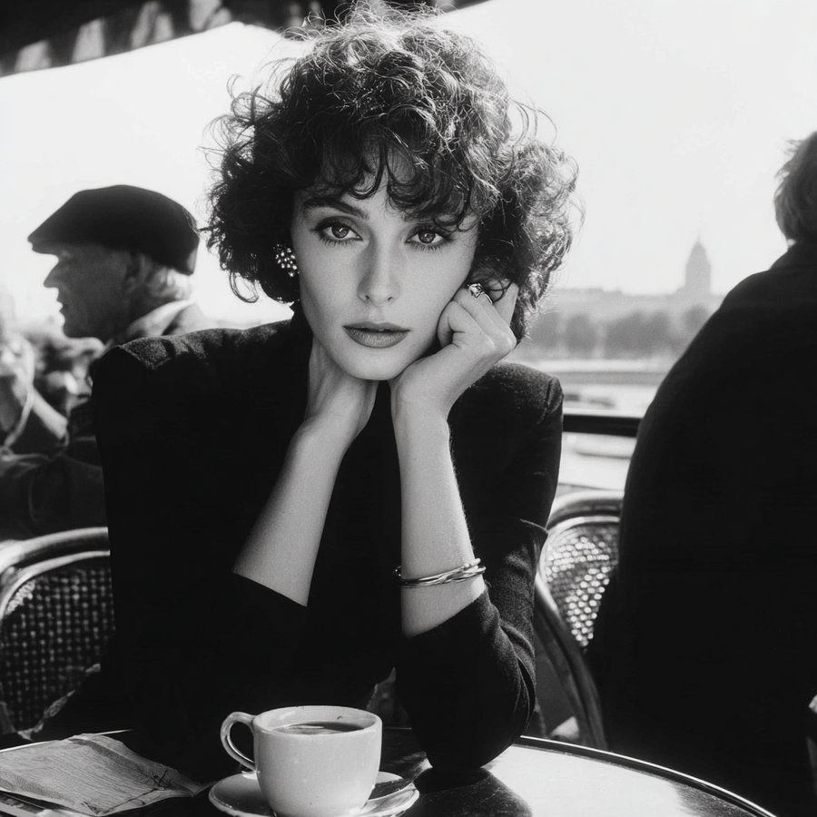 Black and white photo of a woman with curly hair resting her chin on her hands at a café table with a cup of coffee; background includes blurred figures and cityscape