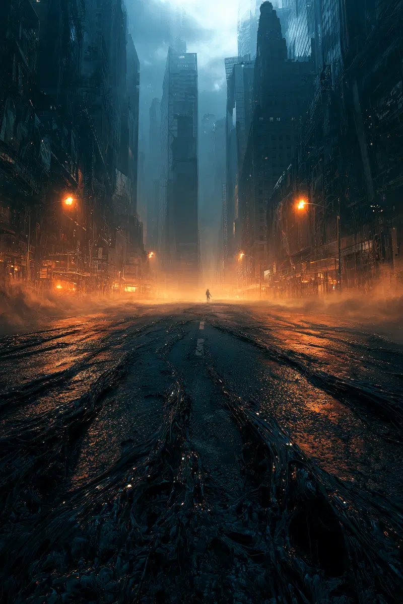 Moody urban street scene with dramatic lighting and solitary figure