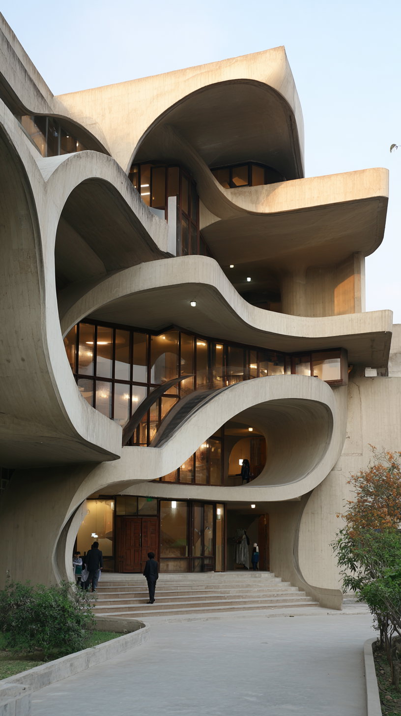 An exterior view of a modern building featuring flowing curved concrete balconies and large glass windows with visible interiors and people near the entrance.