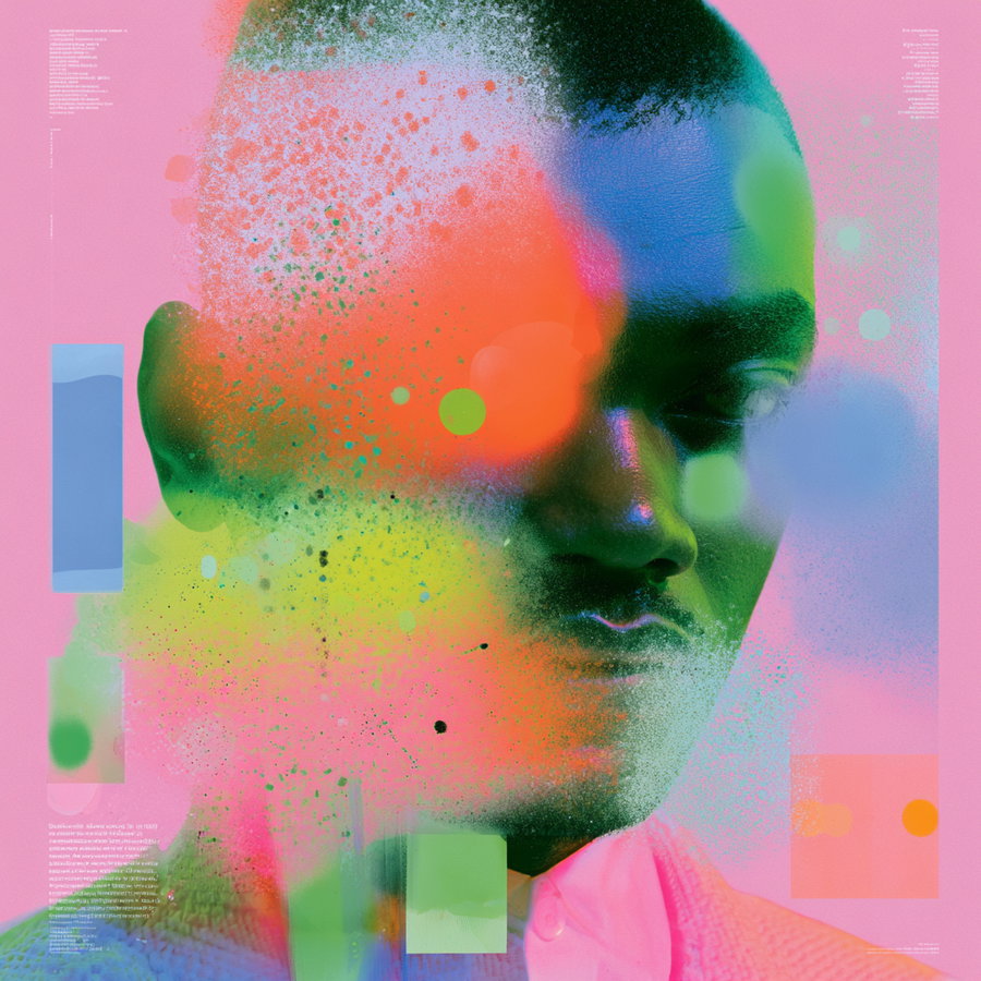 A stylized portrait of a person with multicolored abstract splashes and specks overlaid on a pink background