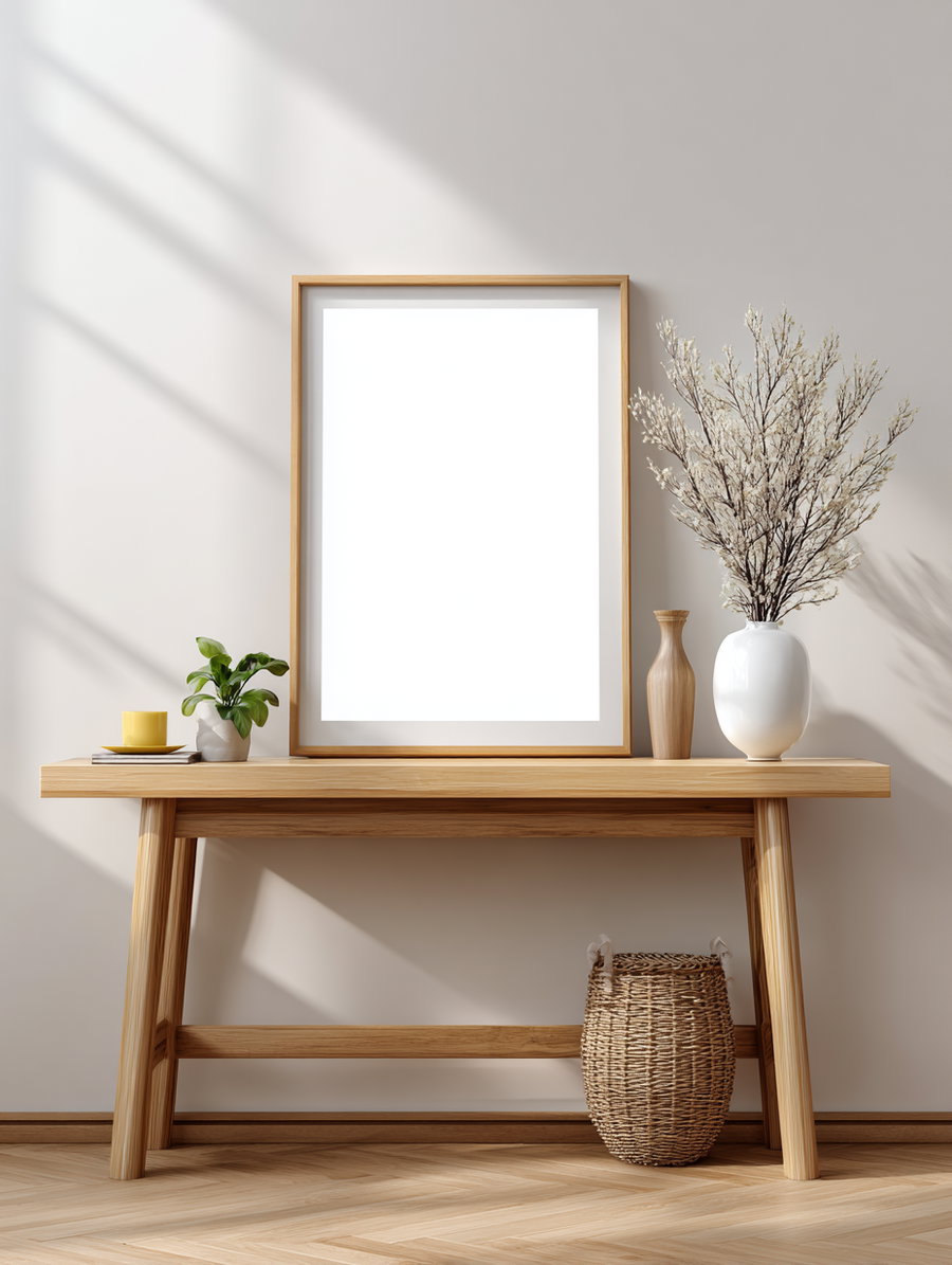 A natural wooden table against a neutral wall features a large empty wooden frame, a white vase with dried branches, a smaller wooden vase, a small plant in a white pot, a yellow cup and saucer on a stack of books, and a woven basket on the floor beneath the table