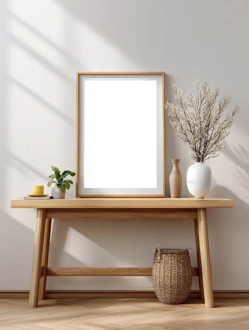 Minimalist neutral wall decor setup with natural wooden table and simple vase
