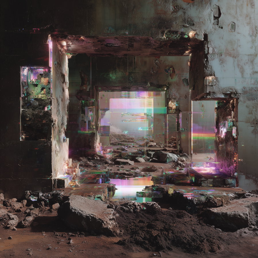 A surreal ruin composed of reflective surfaces and glowing colorful light accents, with broken stone and rocky ground, creating a mysterious abstract corridor effect
