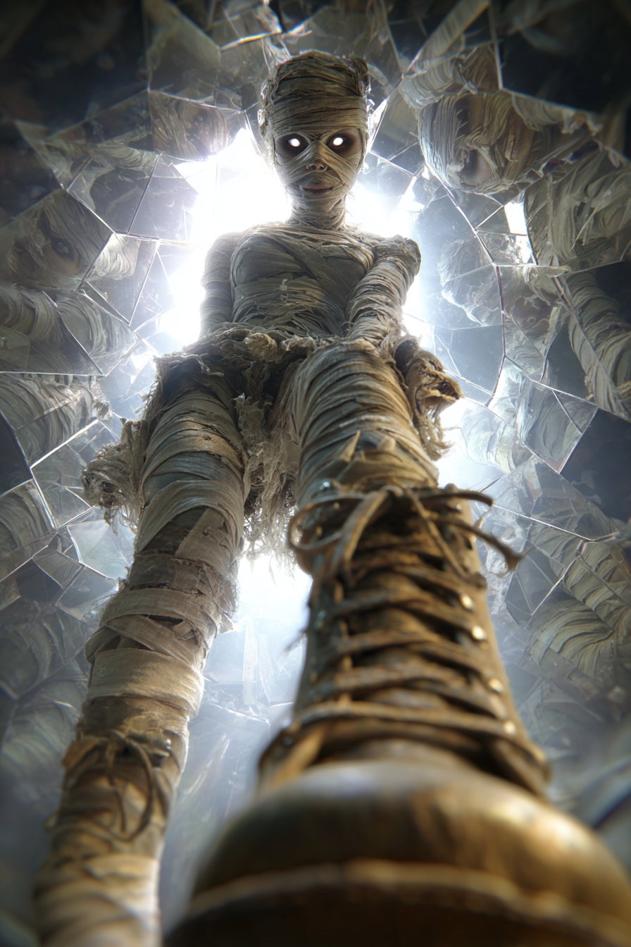A digitally created image showing a mummy wrapped in old, tattered bandages with glowing white eyes, viewed from a low angle against a fractured mirrored background with bright light shining through.