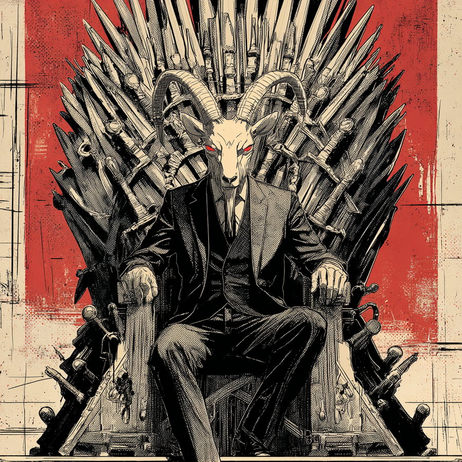 Illustration of a man in a suit with a goat's skull and red eyes sitting on a throne made of swords with a red and beige background.