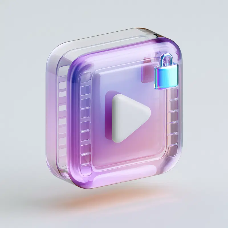 Modern translucent 3D icon design with play button and lock symbol
