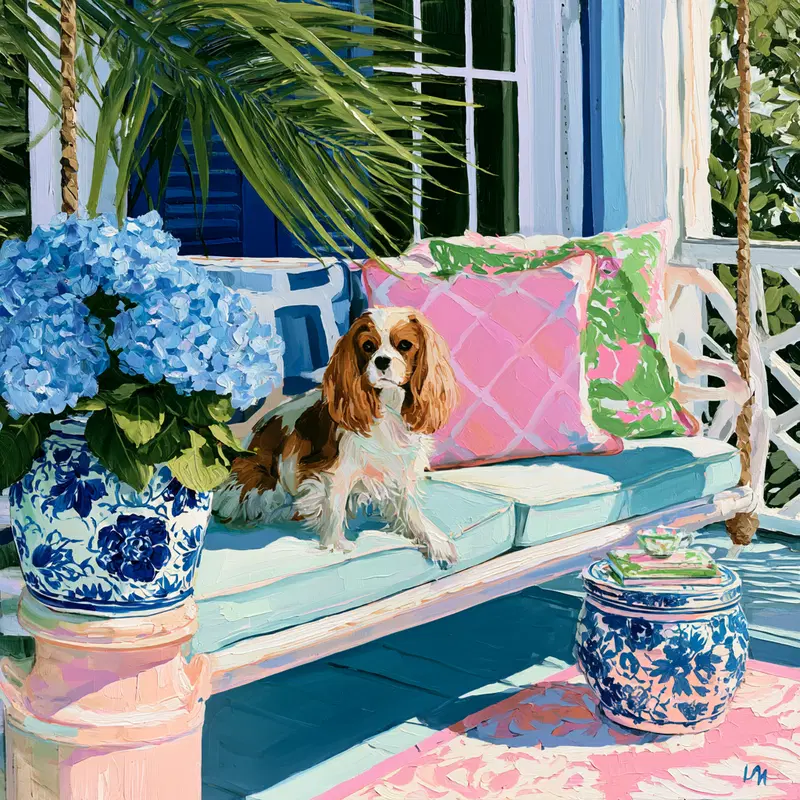 Bright and Colorful Coastal Porch Scene with Dog and Floral Arrangements