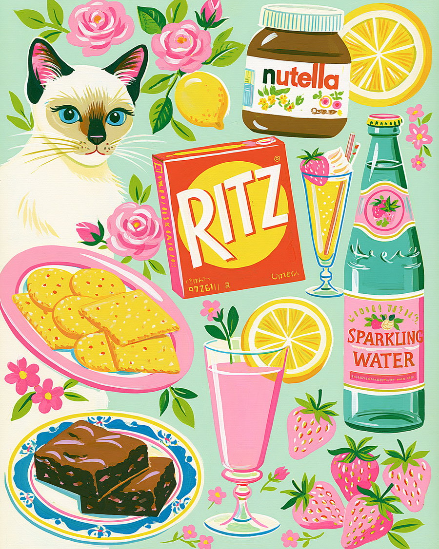 Illustration of a Siamese cat surrounded by vintage food items including Ritz crackers, Nutella jar, sparkling water bottle, lemon slices, strawberries, brownies on a plate, and a pink beverage in a glass with floral and leaf accents
