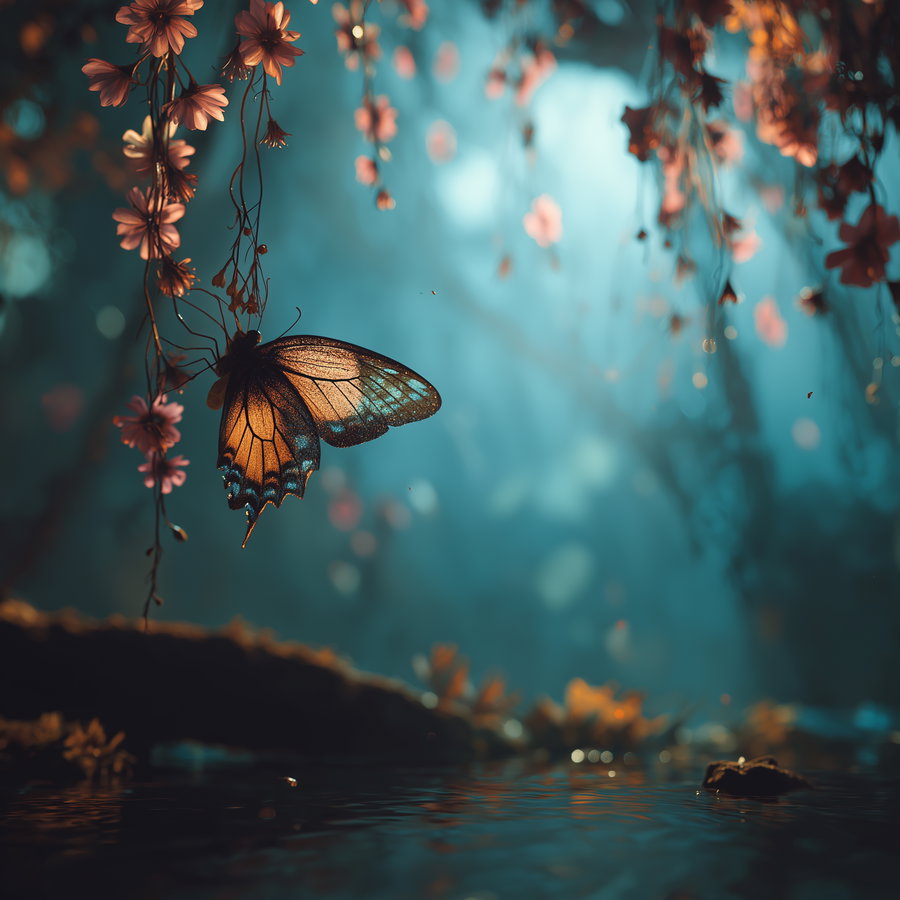 A close-up view of an orange and black butterfly resting on hanging pink flowers with a blurred teal background and reflective water surface below