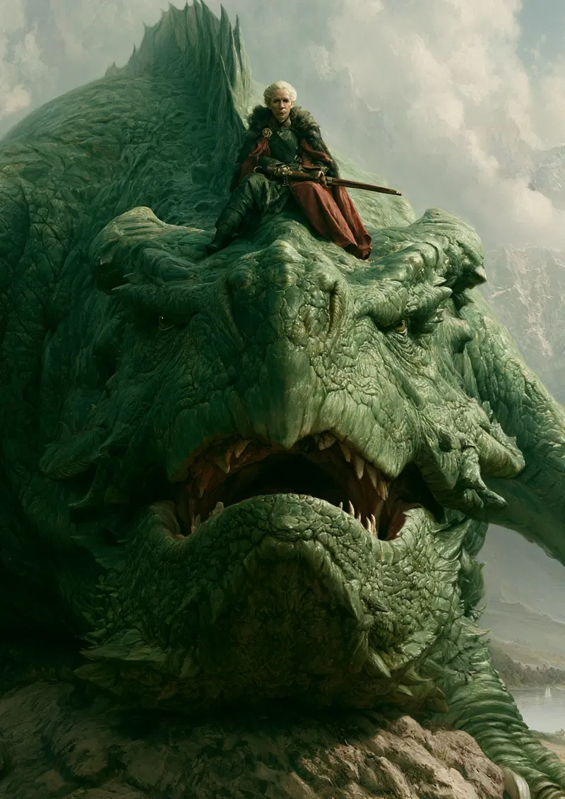 Epic fantasy scene featuring a medieval figure seated on a giant green dragon