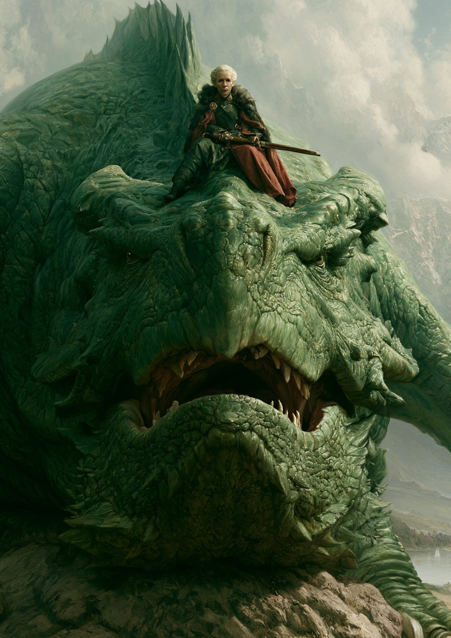 A person dressed in medieval attire with a cape and holding a staff, sitting on the head of a massive green dragon with textured scales and sharp teeth, set against a cloudy sky background.