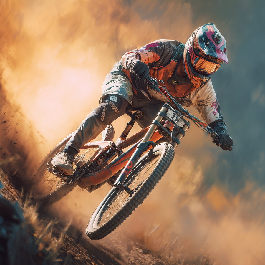 A mountain biker wearing a helmet and protective gear riding a bike at high speed on a dusty trail with dust clouds in the background.
