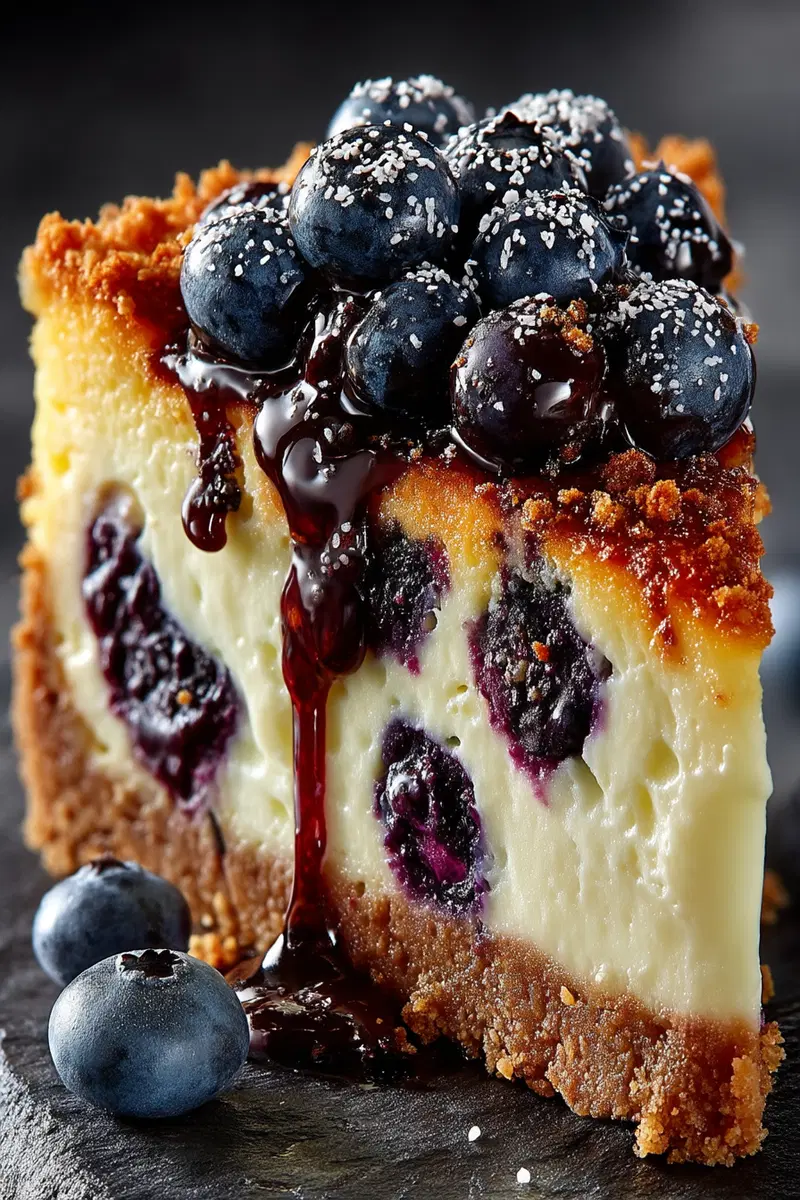 Close-up of a blueberry cheesecake slice with dripping chocolate syrup