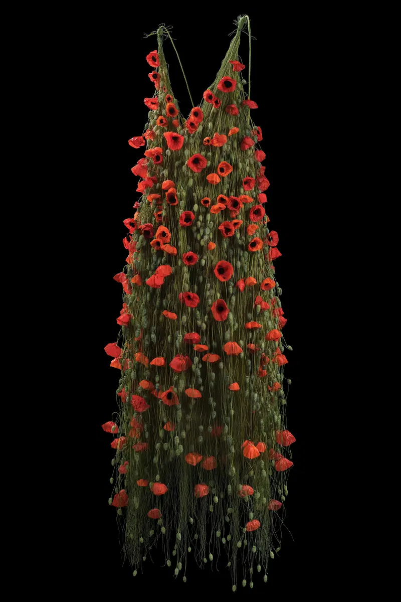 Artistic floral dress with cascading red poppies on green stems against black