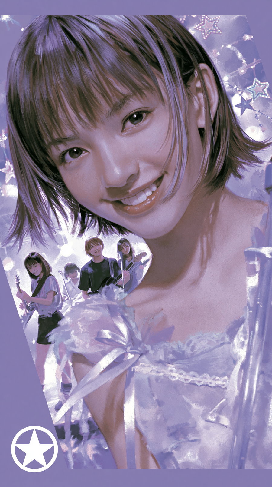 Digital artwork showing a close-up portrait of a young woman with short hair smiling, with a small band playing instruments in the background, all rendered in purple tones