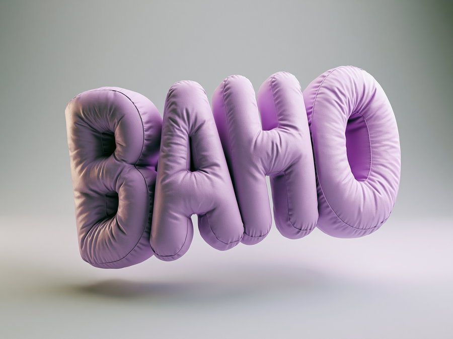 Purple inflatable letters spelling BAHO floating against a gray background