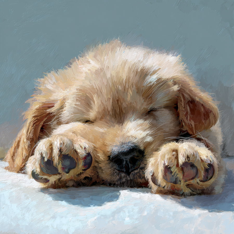 Close-up digital painting of a light brown puppy sleeping with its paws stretched forward on a light surface and a muted blue background