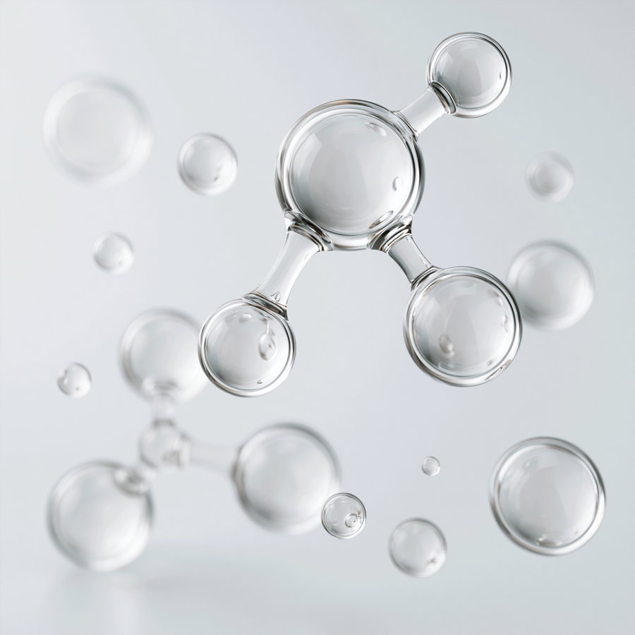 Transparent spherical molecular shapes connected by cylindrical links floating against a soft gray background