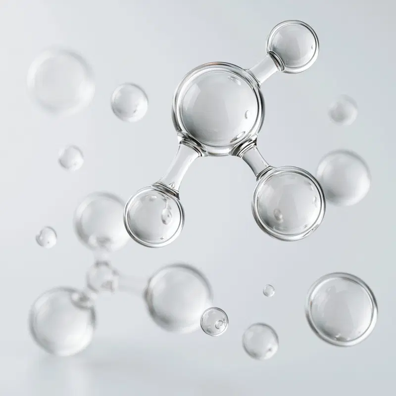Abstract transparent 3D molecular structure on a soft gray background