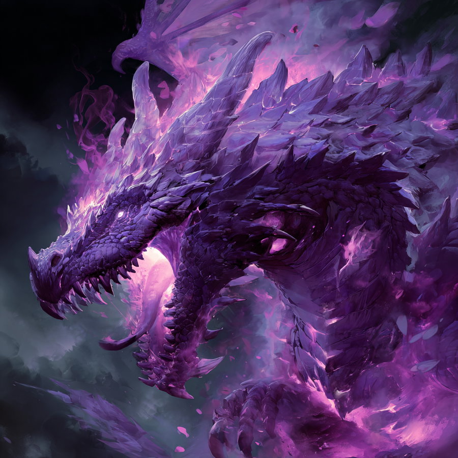Digital painting of a fierce dragon with dark purple scaled skin, glowing purple eyes, and flames emitting from its body, set against a dark, smoky background.