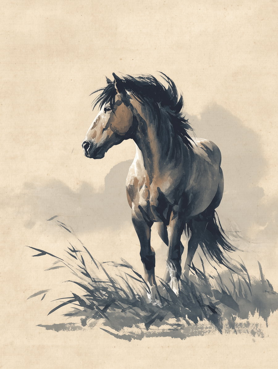 A watercolor painting of a brown and black horse standing in tall grass with a beige textured background.