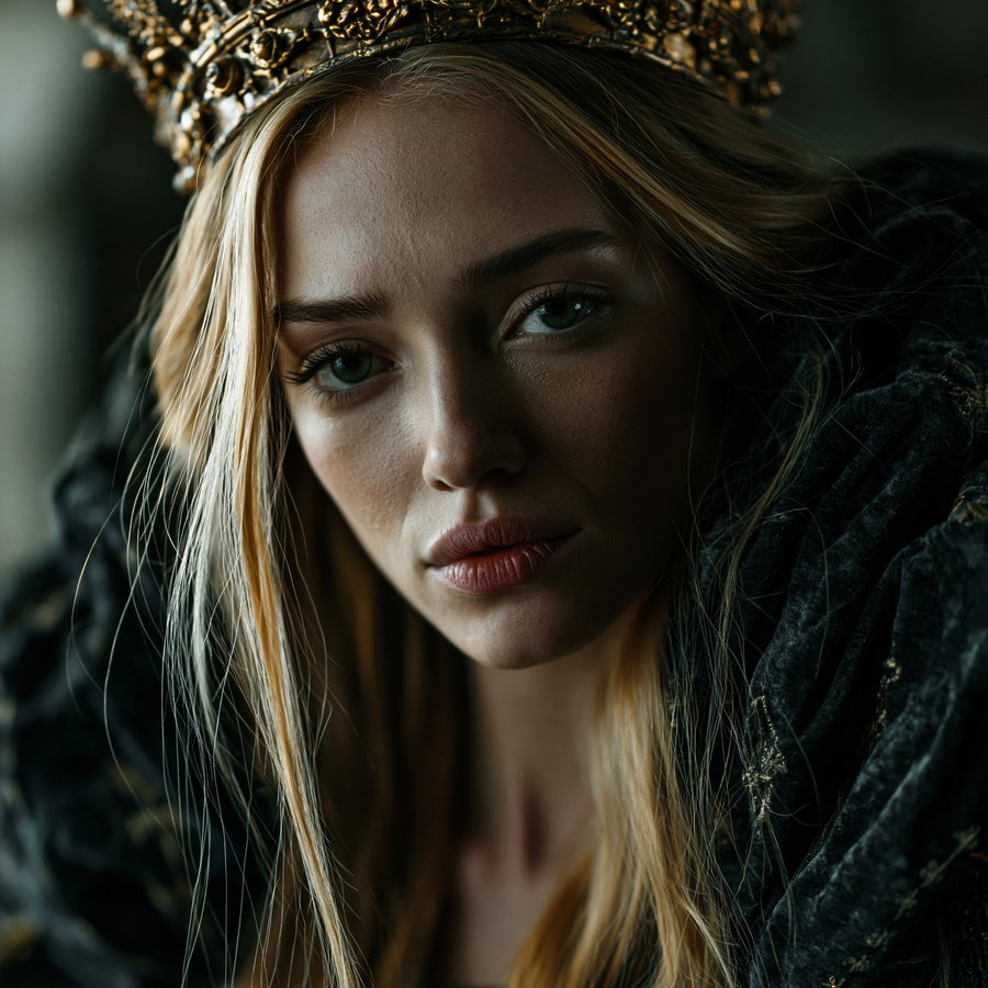 A woman with blonde hair, green eyes, detailed textured dark clothing, and an elaborate golden crown, gazing intensely at the camera