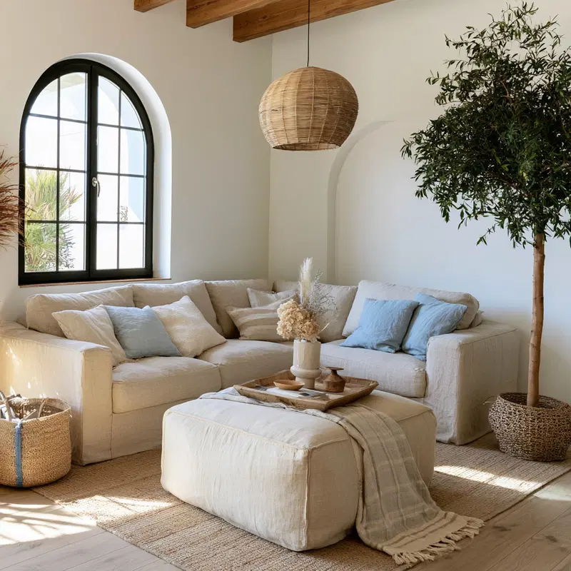 Cozy living room with neutral tones and natural accents in soft light