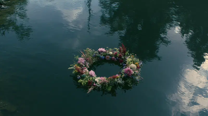 A beautiful floral wreath floating on serene water with reflections