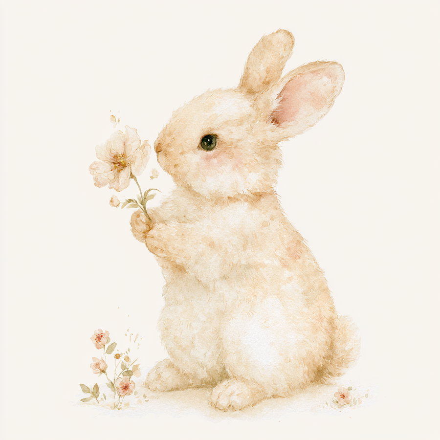 Watercolor illustration of a light brown fluffy rabbit holding a small pale flower with green leaves on a light background