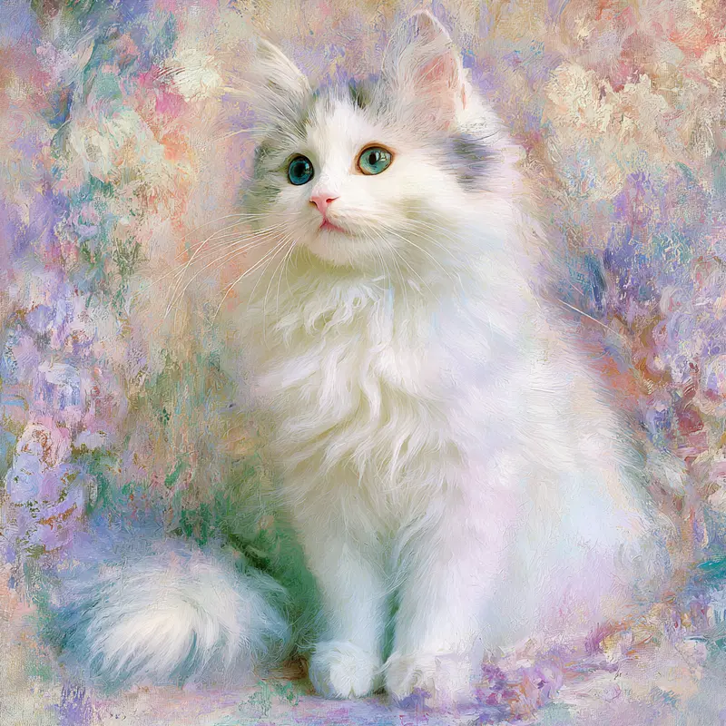 Soft and fluffy white cat with blue eyes in pastel floral background